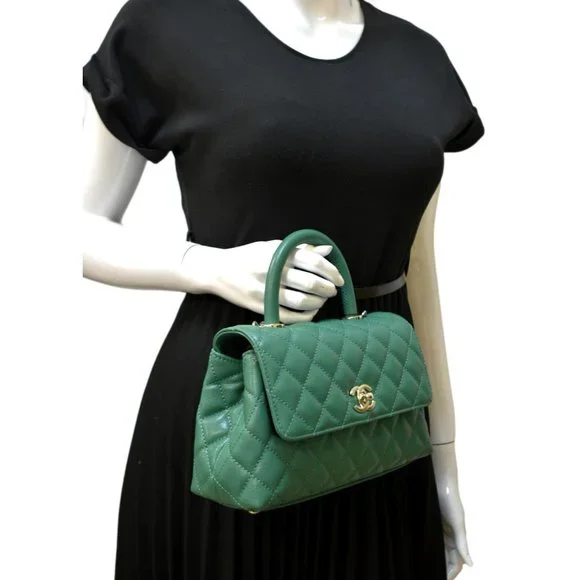 CHANEL  Coco Mini Top Handle Caviar Leather Shoulder Bag Green - Picture 2 of 13